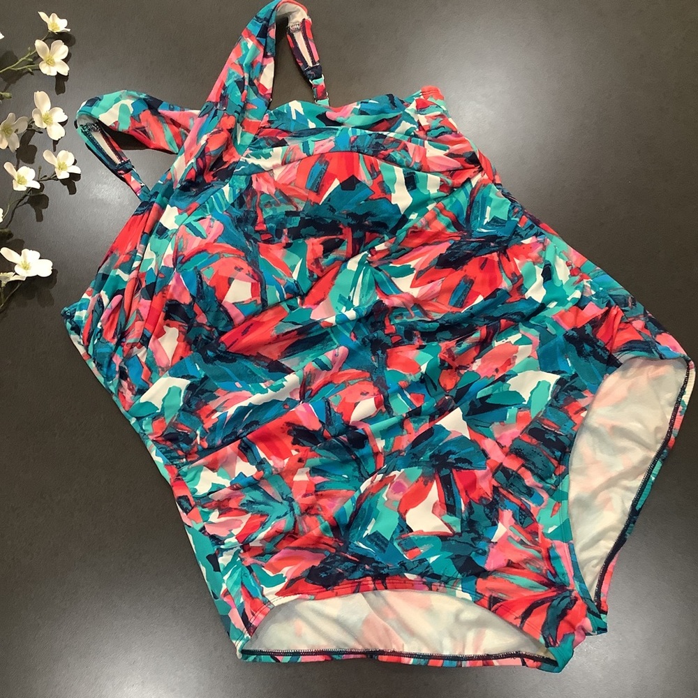 Coastal Blue One Piece Swimsuit High Grecian Neckline Floral Print Ruched Front
